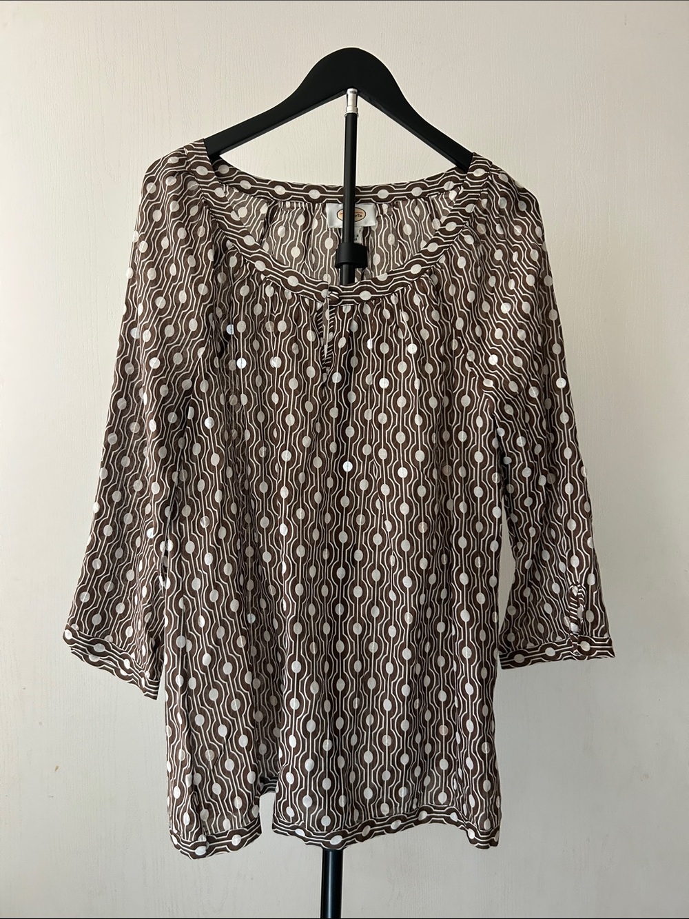 Talbots 3/4 Sleeve Silk Blend Mod Style Brown and White Geometric Print Blouse